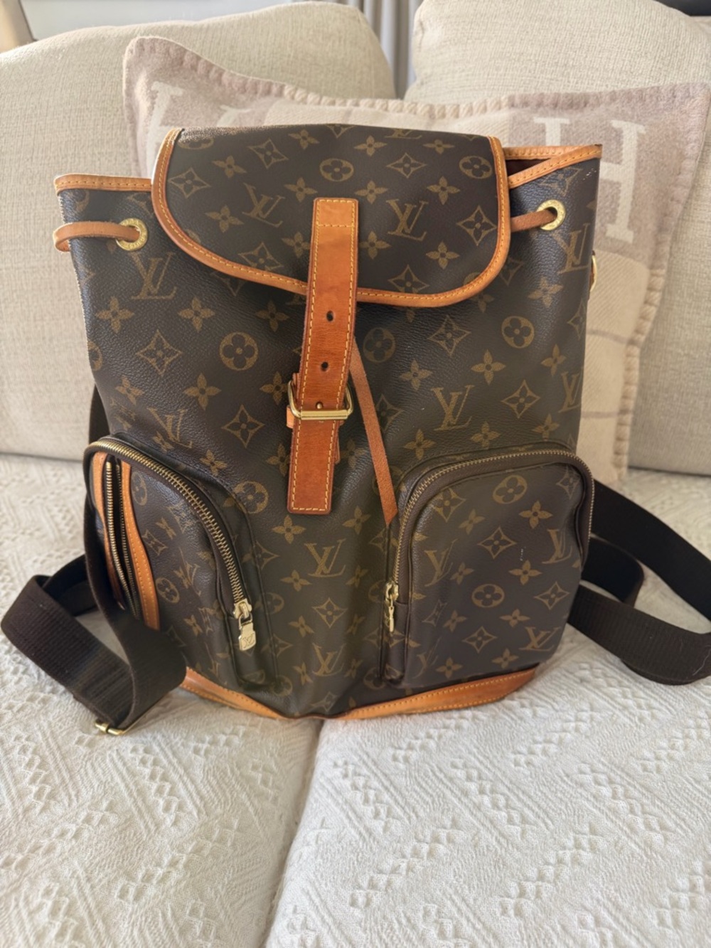 Louis Vuitton Monogram Canvas Drawstring Backpack with Tan Trim